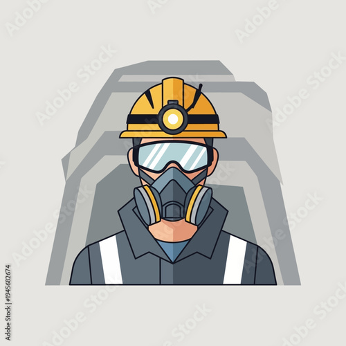 Miner in protective gear and gas mask inside a mine shaft, safety equipment