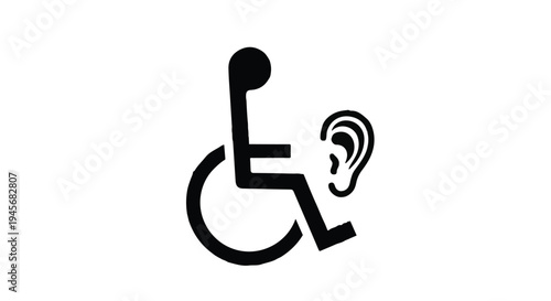 Black accessibility icon combines the international symbol of access with a detailed human ear shape for hearing impaired individuals on a white background.