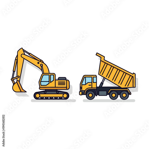 Yellow excavator and dump truck construction vehicles on white background
