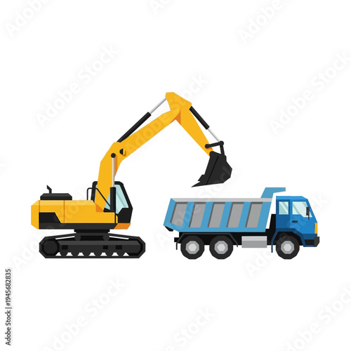 Yellow excavator loading dirt into a blue dump truck on a white background