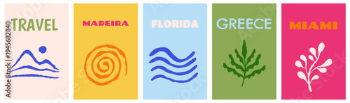 Vector set of cover design templates for travel vacation summer books, summer and sirf banners with hand drawn sketchy doodle illustrations in simple style