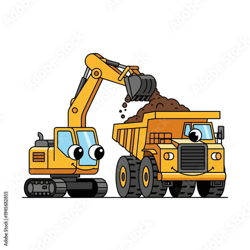 Cute cartoon excavator loading dirt into a dump truck, construction vehicles, kids illustration