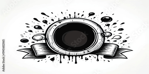 Black ink circle with abstract splashes and ribbon, graphic design element, hand drawn, copy space