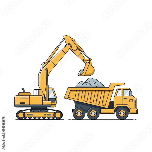 Yellow excavator loading rocks into a dump truck on white background