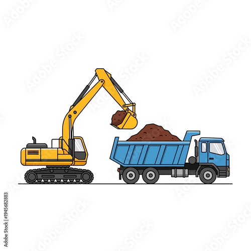 Excavator loading dirt into a dump truck at a construction site