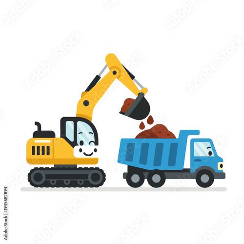 Cute cartoon excavator loading dirt into a dump truck, construction vehicles, kids illustration