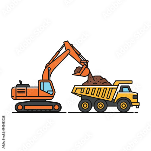 Excavator Loading Dirt into Dump Truck on Construction Site