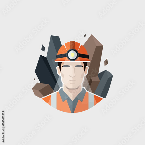 Miner in Hard Hat and Vest with Rocks - Mining Industry Concept