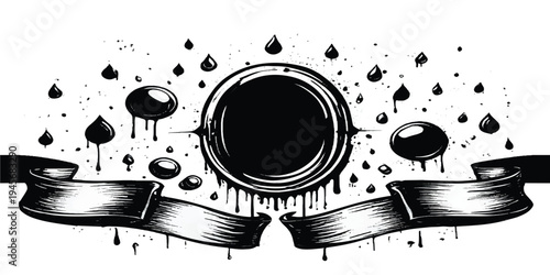 Double ribbon frame with dark ink splashes and drips, retro graphic element, hand drawn, copy space