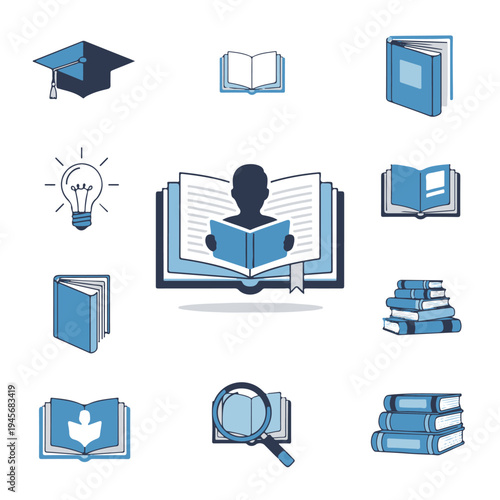  Reading book icon set with reader and open book symbols for education, learning and study concepts. Simple read book vector icons isolated on white background..eps