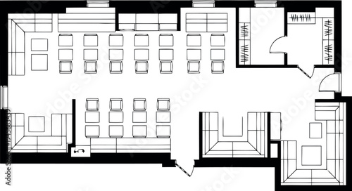 Black and white architectural floor plan isolated on transparent background