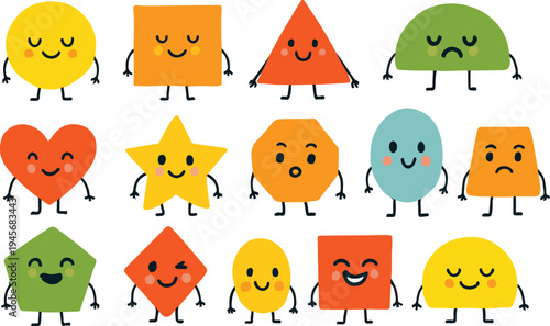 Joyful Geometry: A vibrant ensemble of smiling and emotive shapes, each with unique personalities, forms a cheerful, colorful composition.