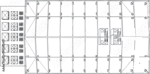 A blurry black and white blueprint image of a floor plan isolated on transparent background