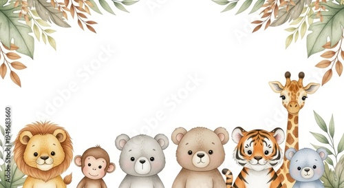 Cute Watercolor Safari Animals Border - Baby Shower, Jungle Theme, Kids Party