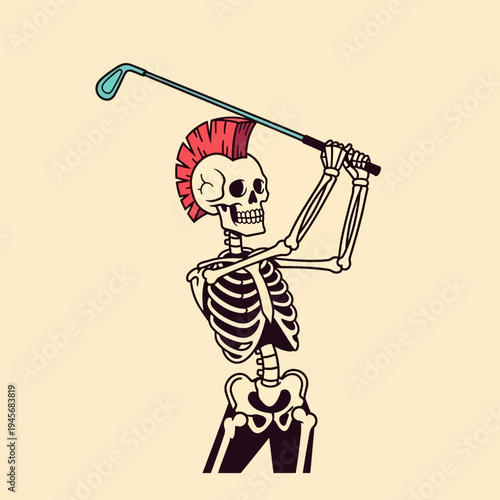 Punk skeleton golfer with mohawk swinging club, funny cartoon illustration