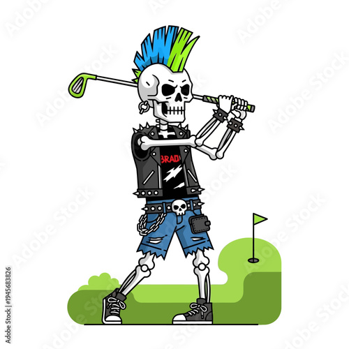 Punk skeleton golfer with mohawk playing golf on a course