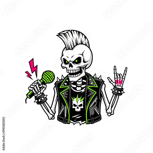 Punk Skeleton Rocker with Microphone and Horns Hand Gesture, Heavy Metal Music
