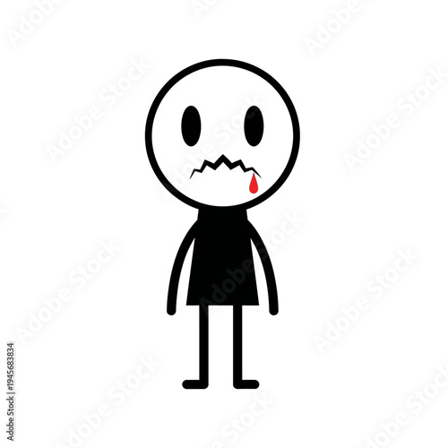 Scared stick figure with bleeding mouth, fear, anxiety, pain, cartoon character