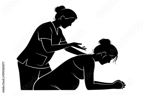 Midwife Guidance During Natural Childbirth Labor Support Female Encouragement Birth Options Black Vector Silhouette