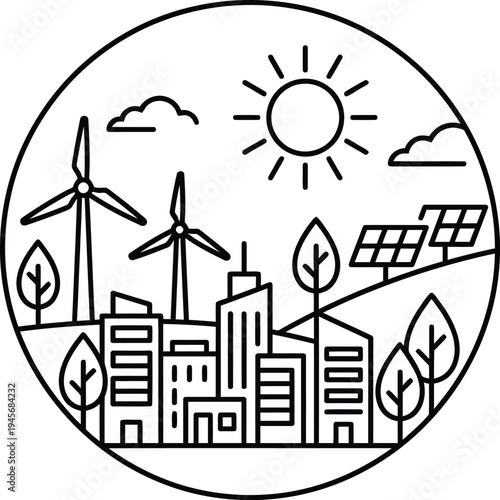A black and white line drawing of a sustainable cityscape with renewable energy sources