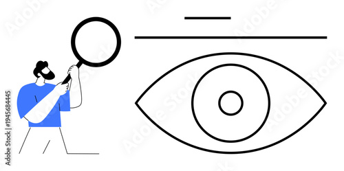 Research, vision analysis, observation, investigation, security, focus. A man holding a magnifying glass near a large eye graphic. Research and vision analysis concept