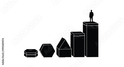 Silhouette of a small figure standing atop the tallest black geometric block in a rising bar chart sequence symbolizing career progression.