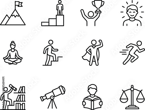 A collection of simple line icons representing various aspects of personal and professional success