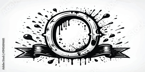 Vintage circular emblem with dripping ink and ribbon, hand-drawn graphic resource, black and white, copy space