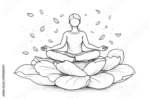 Serene Person Meditating on a Large Lotus Flower Surrounded by Falling Petals, Symbolizing Peace and Tranquility in Nature's Embrace