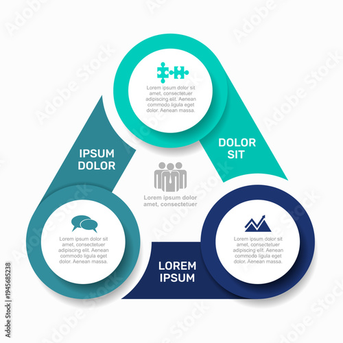 Infographic with circular nodes, color-coded sections, icons, and placeholder text. Vector illustration.