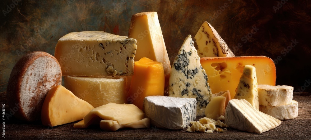 Fototapeta premium The Cheese Platter Featuring Assorted Artisanal Wedges, Rinds, And Creamy Blue Cheeses