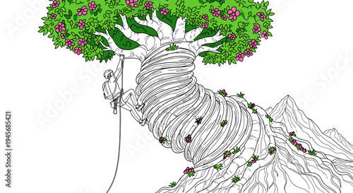 Enchanting Surrealist Tree with Blooming Pink Flowers and a Tiny Figure Swinging on a Rope Attached to its Trunk