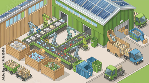 Waste management trucks unload recyclables at a green recycling facility outdoors