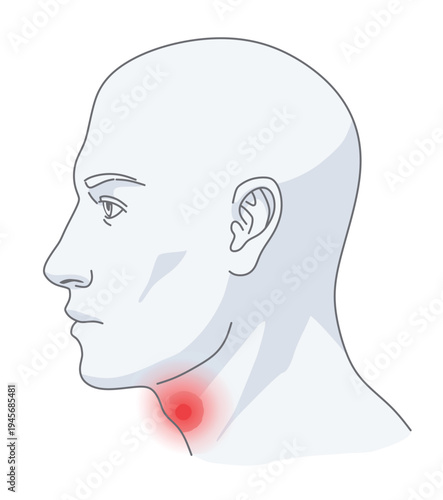 Profile view of a human head with a red glowing spot indicating pain or inflammation in the throat area. Vector illustration. ENT Series.