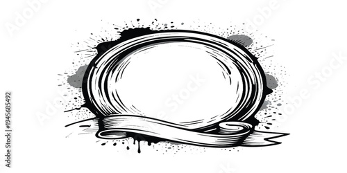 Retro oval frame with ink splatter and ribbon banner, vintage grunge design element, copy space, black and white, tattoo style, logo template, hand drawn, brush stroke