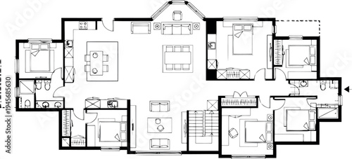 A black and white architectural floor plan image isolated on transparent background