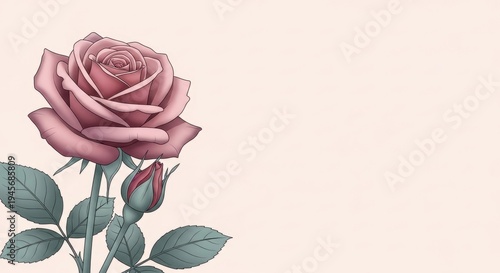 Dusty Rose and Bud with Green Leaves, Romantic Floral Element on Pale Background