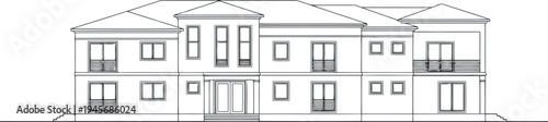 Architectural drawing of a two story house with multiple gables isolated on transparent background