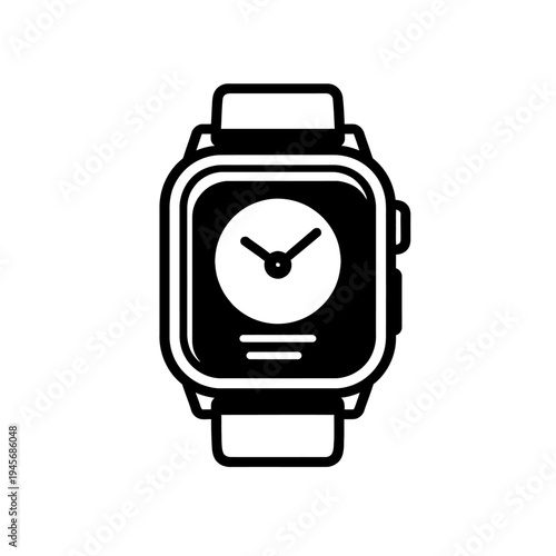 Black and white vector icon depicting a modern smartwatch with an analog clock face, symbolizing wearable technology and smart timekeeping. This versatile graphic highlights digital wrist devices, con