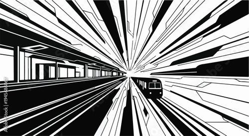 A high-contrast, black and white vector illustration depicts a subway train accelerating rapidly through a futuristic, angular station tunnel emphasizing speed and motion.
