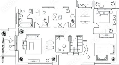 A blurry black and white floor plan image of a large house isolated on transparent background
