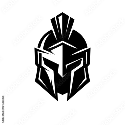 Dynamic black and white stylized Spartan warrior helmet logo, representing immense strength, unwavering courage, and rich ancient Greek history. Ideal vector graphic for esports teams, fitness brands,