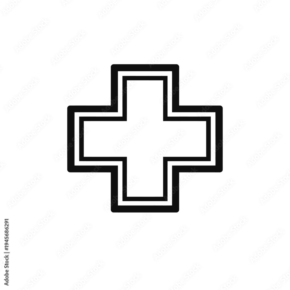 Obraz premium Double-outlined medical cross vector icon, symbolizing first aid, healthcare, pharmacy, and emergency services. Clean plus sign for logos, hospital signage, wellness apps, safety, and mathematical add