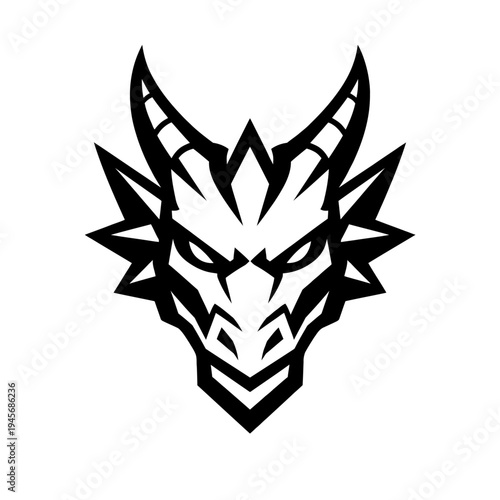 A powerful, dynamic, and aggressively stylized black and white dragon head logo featuring sharp, geometric lines, piercing eyes, and formidable horns. This iconic mythical creature design is perfect f