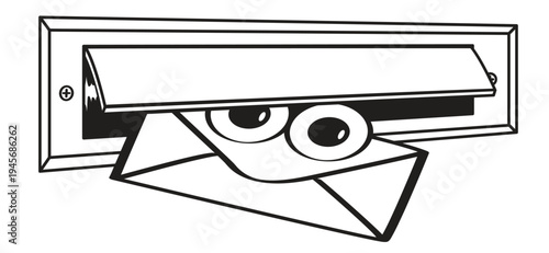 Cartoon, comic door letterbox for front door with draft brush. Open letterbox or mailbox for house door. Post icon. Postbox concept. Black mailboxes. Marcotte with envelope and face