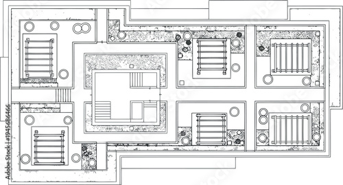 A blurry black and white blueprint of a building floor plan isolated on transparent background