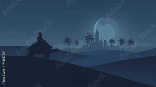 illustration of a lone rider on a galapagos turtle is crossing sand dunes. In the background, a grand city skycraper and palm trees 