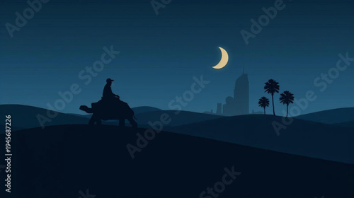 illustration of a lone rider on a galapagos turtle is crossing sand dunes. In the background, a grand city skycraper and palm trees 