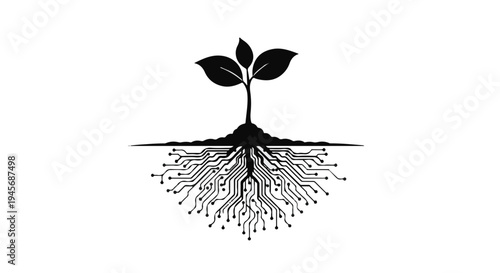 Conceptual illustration showing a small sapling growing upward while its roots intertwine with a complex electronic circuit pattern below the surface line.