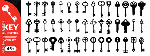 Antique key silhouettes. Medieval and modern keys, black vintage shapes set. Open door symbols, privacy and escape. Abstract tidy vector elements